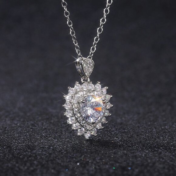 🍁 Heart Full CZ Diamonds 925 Silver Plated Heart Necklace for Women, EVGG1107 - Picture 2 of 3